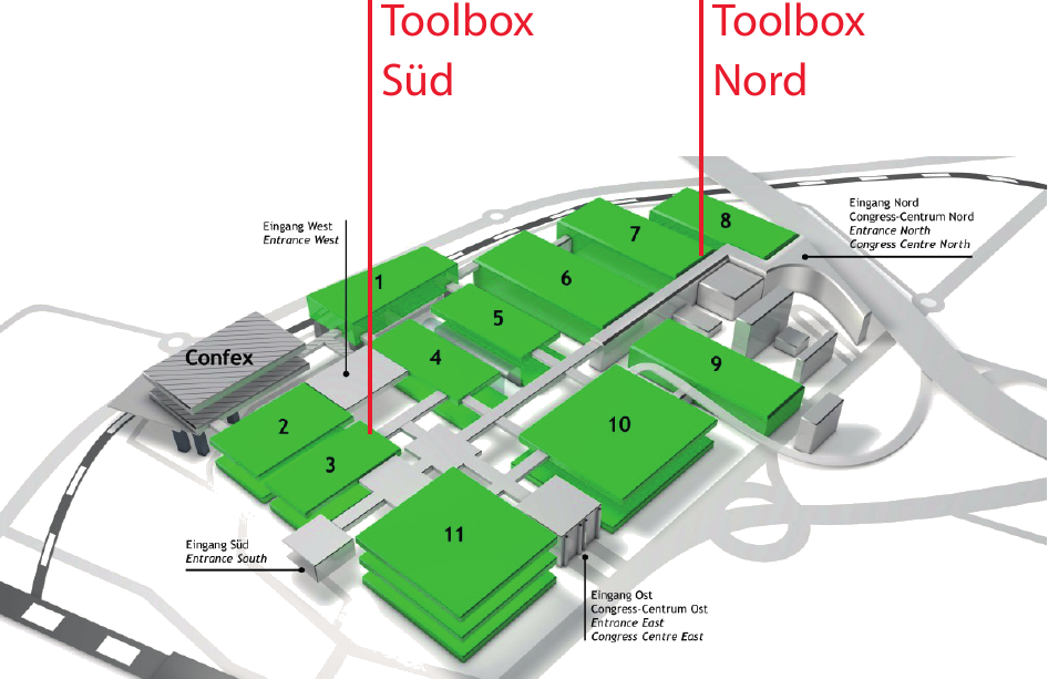 Lageplan: Toolbox Süd und Toolbox Nord auf dem Kölner Messegelände
